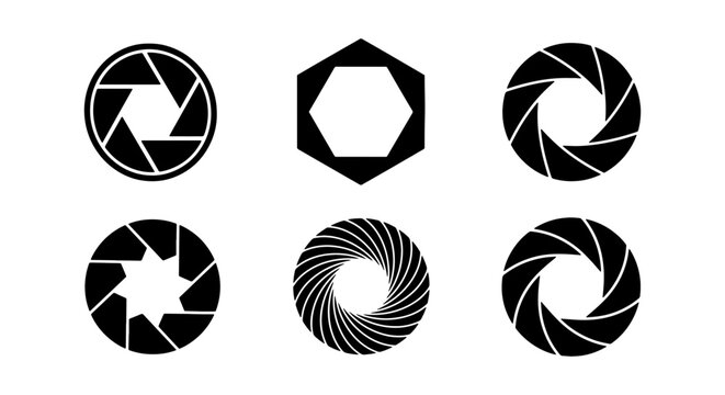 Camera shutter aperture icons, 6 photography lens diaphragm vectors, black optics set