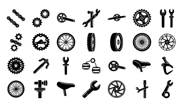 Bicycle parts and accessories icons &ndash; black solid cycling vector set