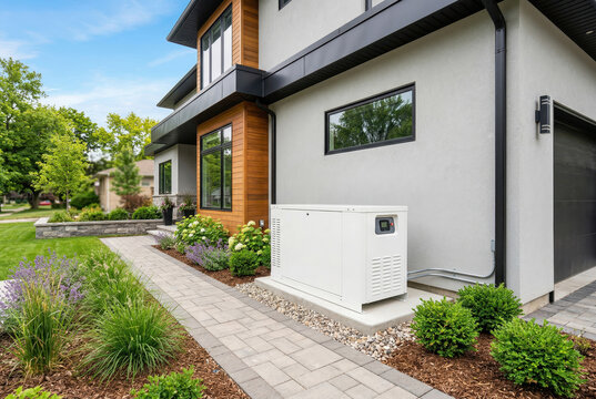 White standby home generator installed outside a modern contemporary house