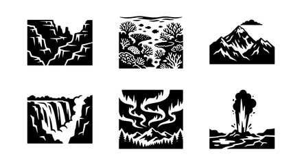 Nature landscape icons set, 6 black and white vector illustrations, mountain and canyon © AbdullahAl