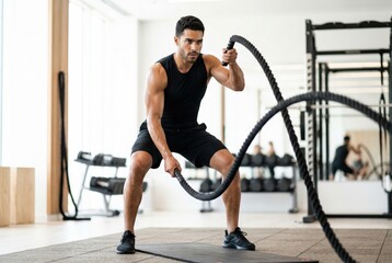 Naklejka premium Strong focused male athlete performing battle ropes exercise in gym