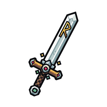 A stylized fantasy vector illustration of a magical sword featuring a golden rune on the blade, ornate jeweled hilt, and a textured grip.