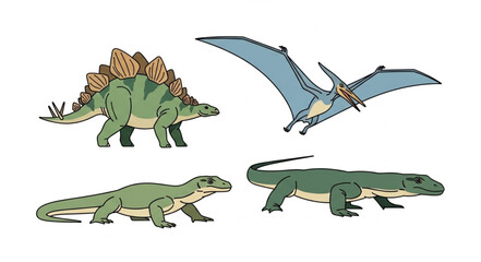 Four prehistoric creatures including a Stegosaurus and Pterodactyl. © Bahtra
