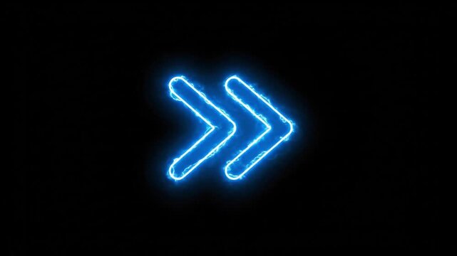 Glowing blue neon double arrow symbol moving across a dark black background in this high energy digital motion footage animation