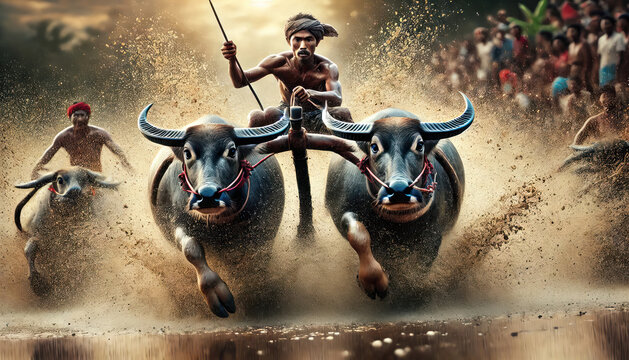 Farmer Racing Buffaloes in Traditional Festival