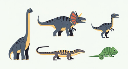 Collection of diverse cartoon dinosaurs and prehistoric creatures. © Bahtra