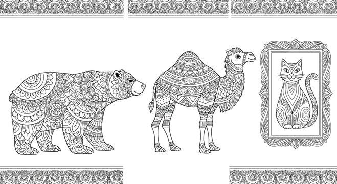 Ornamental animal illustration set featuring decorative bear, camel, and framed cat with intricate patterns and vintage border elements in detailed vector style