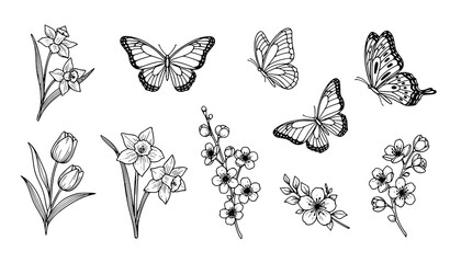A set of black and white line art illustrations of flowers and butterflies © Najma