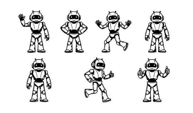 A set of seven cartoon robots in various poses on a white background