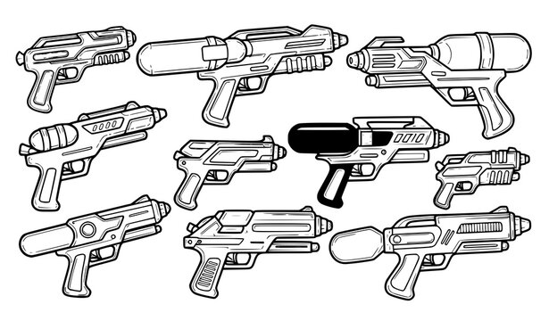 A collection of various futuristic laser guns in a minimalist line art style