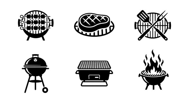 Barbecue grill icon set, 6 black BBQ vector elements, steak and charcoal grill symbols
