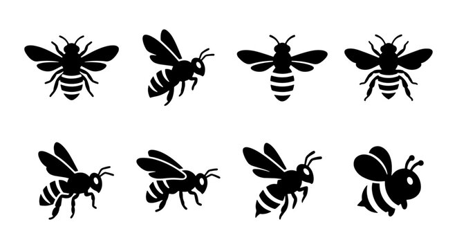 Honey bee silhouette icons, 8 black bumblebee vector elements, flying insect set