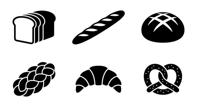 Bakery bread icons set, black silhouette pastry collection, 6 vector food symbols