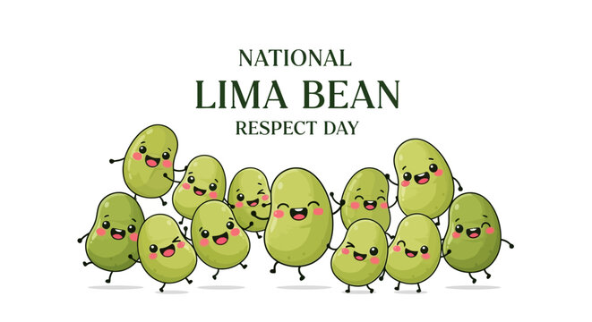 Vector illustration featuring smiling cartoon lima beans gathered to celebrate National Lima Bean Respect Day with a cheerful and inviting mood, set against a clean white background