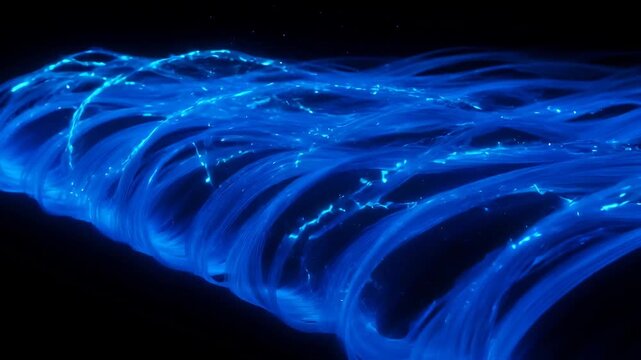 Abstract Blue Light Trails on Black Background for Technology and Science Concepts