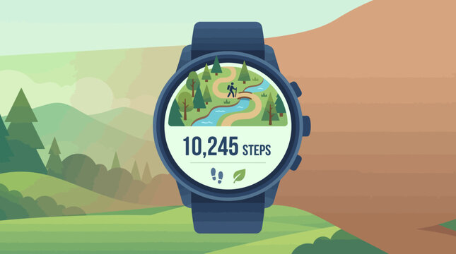 Smartwatch's Trail: A smartwatch displays a hiking trail, recording steps and environmental indicators, illustrating the integration of technology and nature.