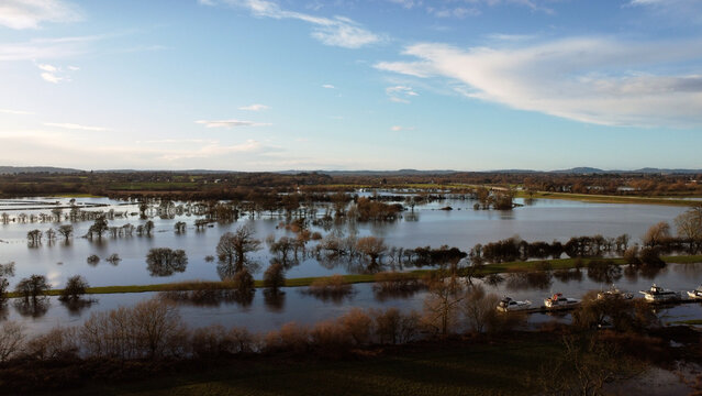 Aerial view of flooded fields and countryside in winter