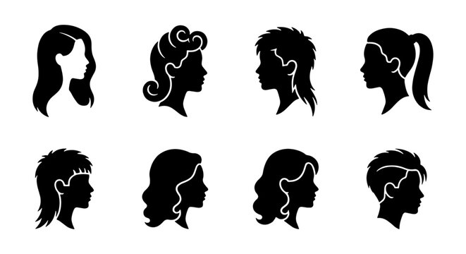 Female hair silhouette icons, 8 woman hairstyle profile set, black salon vector heads