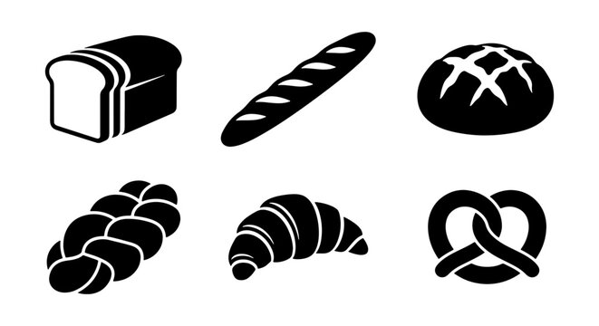 Bakery bread icons set, black silhouette pastry collection, 6 vector food elements