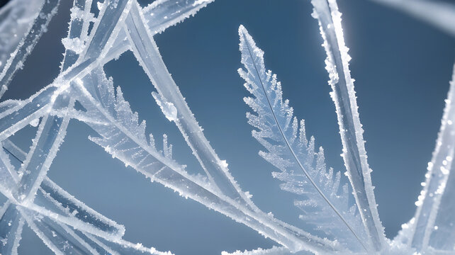 Macro shot of intricate frost and geometric ice crystals on window glass