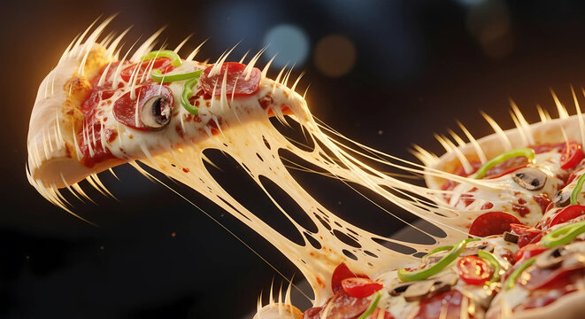 A slice of pizza with melted cheese and toppings being pulled away from the rest of the pie