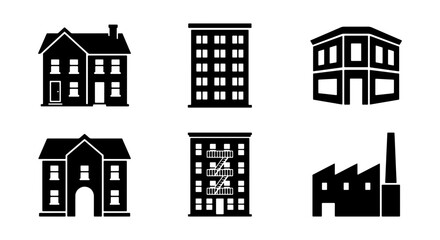 Fototapeta premium Black building icons set, 6 architecture vector symbols, house and factory silhouettes