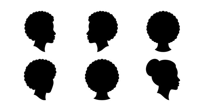 Black woman silhouette head icons, afro hair profile set, 6 female vector silhouettes