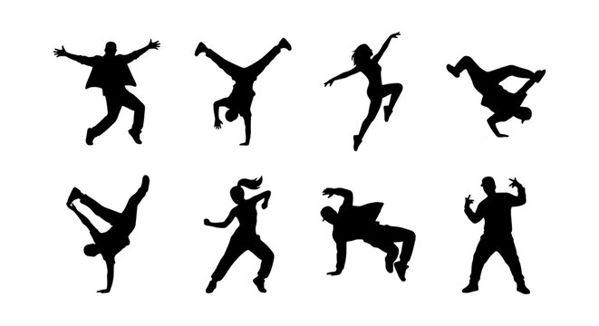 Breakdance silhouette collection, 8 street dancer vector set, hip hop dancing figures