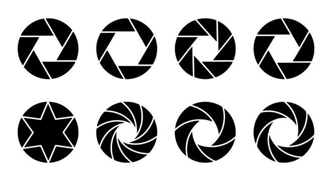Camera shutter aperture icons, 8 black lens diaphragm symbols, photography vector set