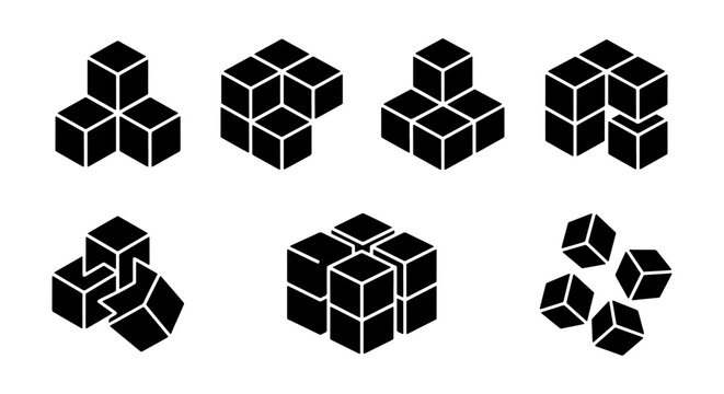 Geometric 3D cube icons set, black isometric block symbols, 7 vector square elements