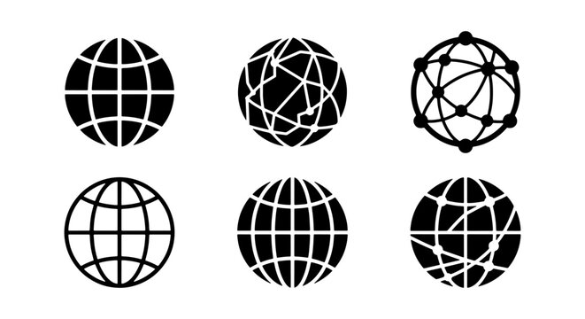 Global network icon set, 6 black globe vector symbols, world web connection graphics