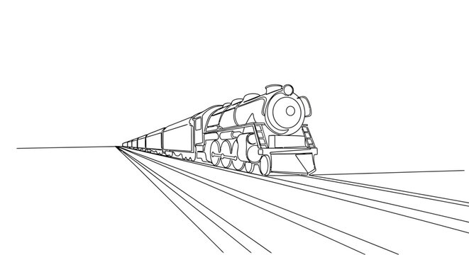 Vintage steam locomotive on railway tracks, drawing, linear art, historical transport