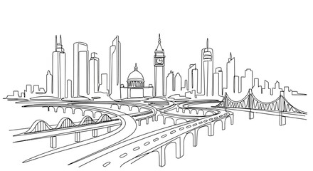 Naklejka premium Hand-drawn cityscape with bridges and skyscrapers, urban skyline sketch
