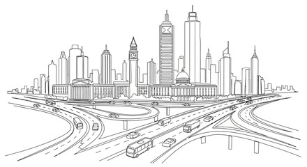 Modern Cityscape Sketch with Highway Interchange and Skyscrapers © Tani