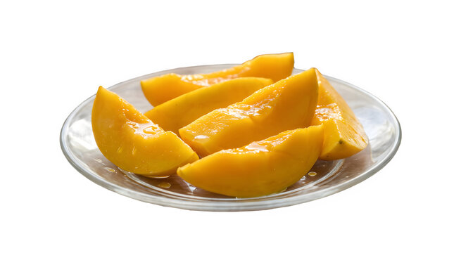 Fresh sliced mango pieces on a clear glass plate isolated on white background healthy food
