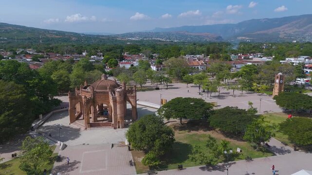Aerial drone view of Chiapa de Corzo main square and town center. Chiapas, Mexico.