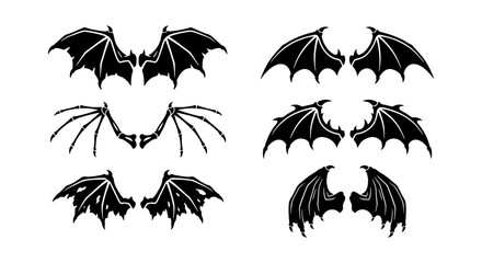 Gothic bat wings set, 6 black dragon wing silhouettes, demon wing vector icons © Kamrul