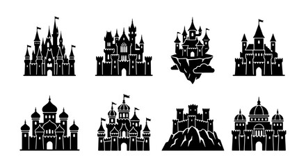 Medieval castle silhouette icons, 8 fantasy fortress vectors, royal palace silhouettes © Kamrul