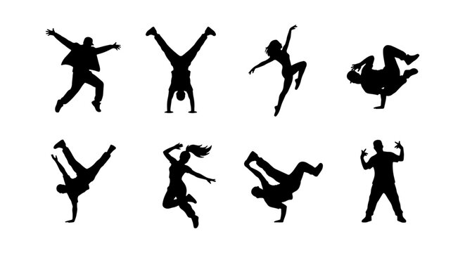 Breakdance silhouette set, urban street dancers, hip hop performer vector icons