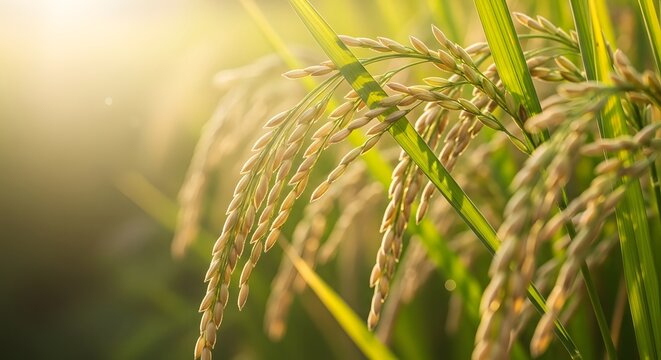 Golden rice grains swaying in the sunlight in a lush green field