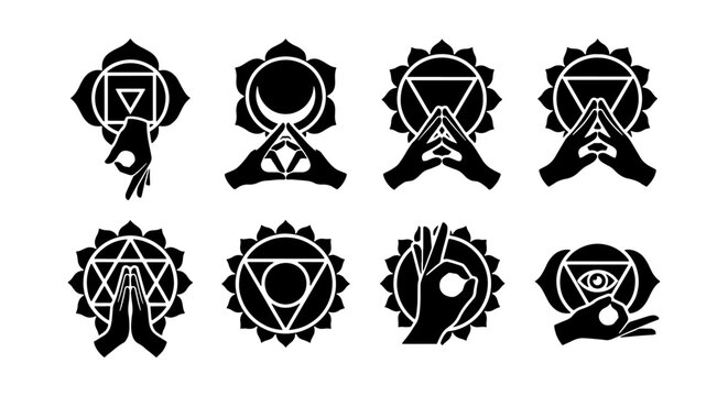Sacred chakra mudra icons, yoga hand gestures set, spiritual meditation vector symbols