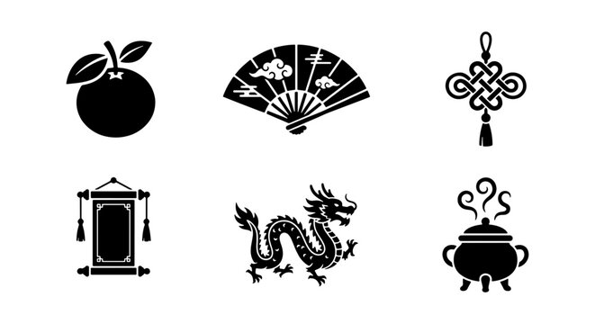 Chinese New Year icons set, black dragon and oriental symbols, 6 lunar festival vectors