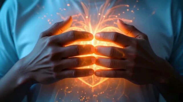 A person holds glowing light and spark effects between their hands, symbolizing energy, power, or inner strength. heart brighting video	
