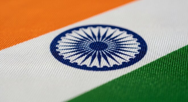 Close-up texture of Indian flag with Ashoka Chakra fabric detail