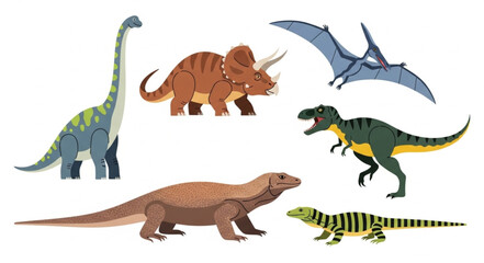Collection of diverse prehistoric dinosaurs and reptiles illustration. © Dancow