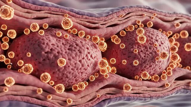 Chronic inflammation triggered by high sugar levels, inflammatory molecules glowing softly around tissues
