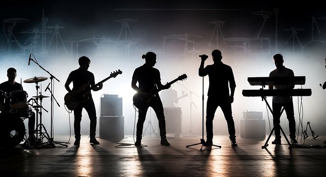 Silhouetted band performing on stage under atmospheric lighting