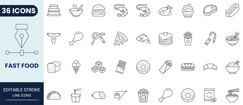 Fast food icon set in outline style. Collection of fast food, burger, fries, pizza, hot dog, and junk food. Editable stroke. Vector icon collection.