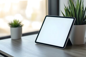 Fototapeta premium A tablet placed on a modern wooden desk blank screen