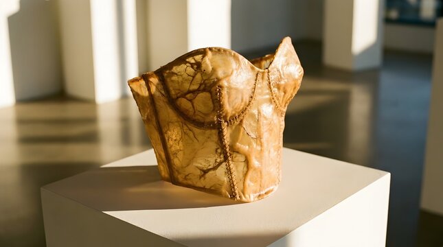 Sustainable elegance An intricately crafted bustier sculpture embodying the future of Biomaterial Couture and eco-conscious fashion innovation displayed in a gallery setting